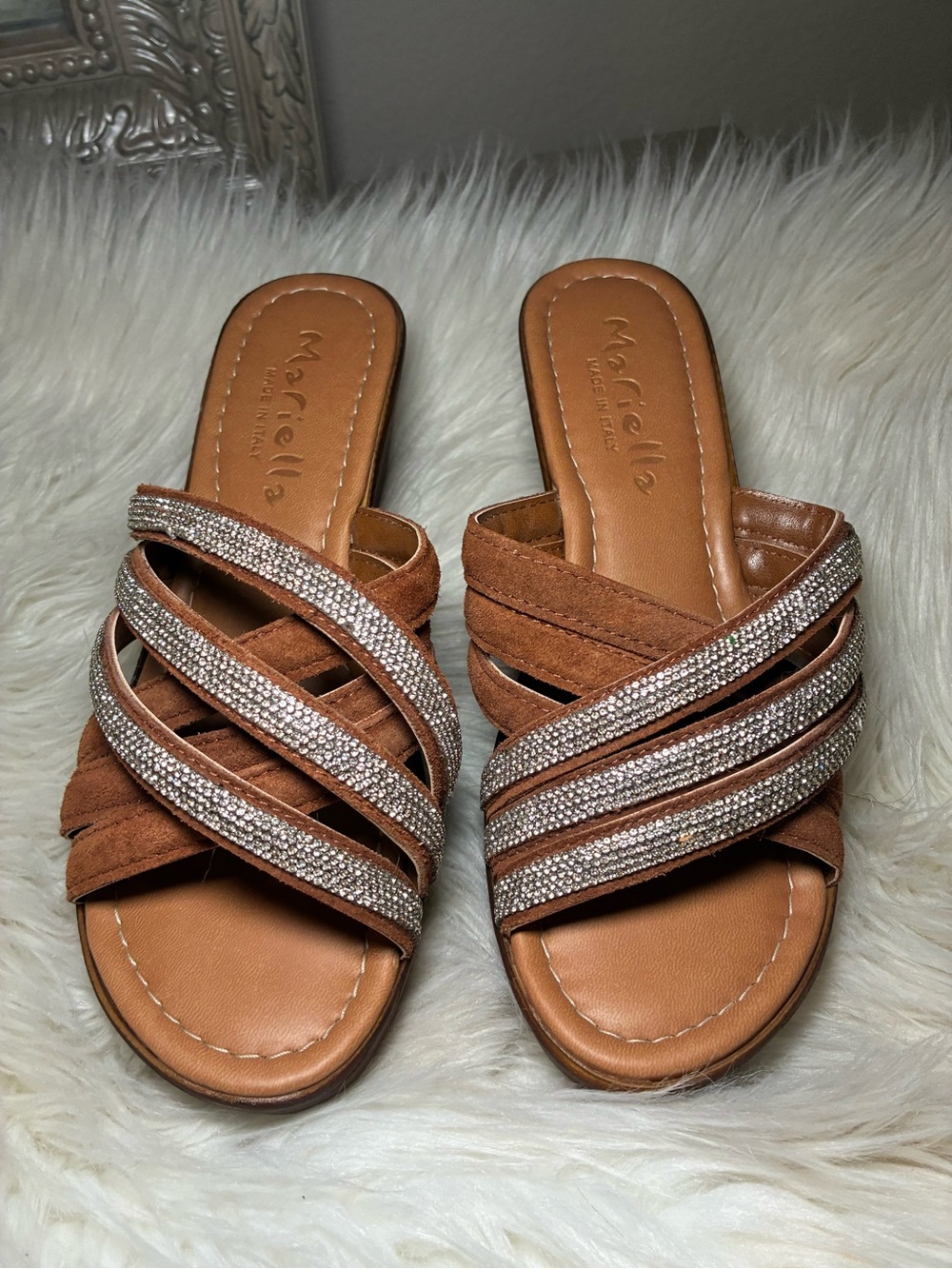 MARELLA Brown Slide Sandals with Rhinestone Crisscross Straps